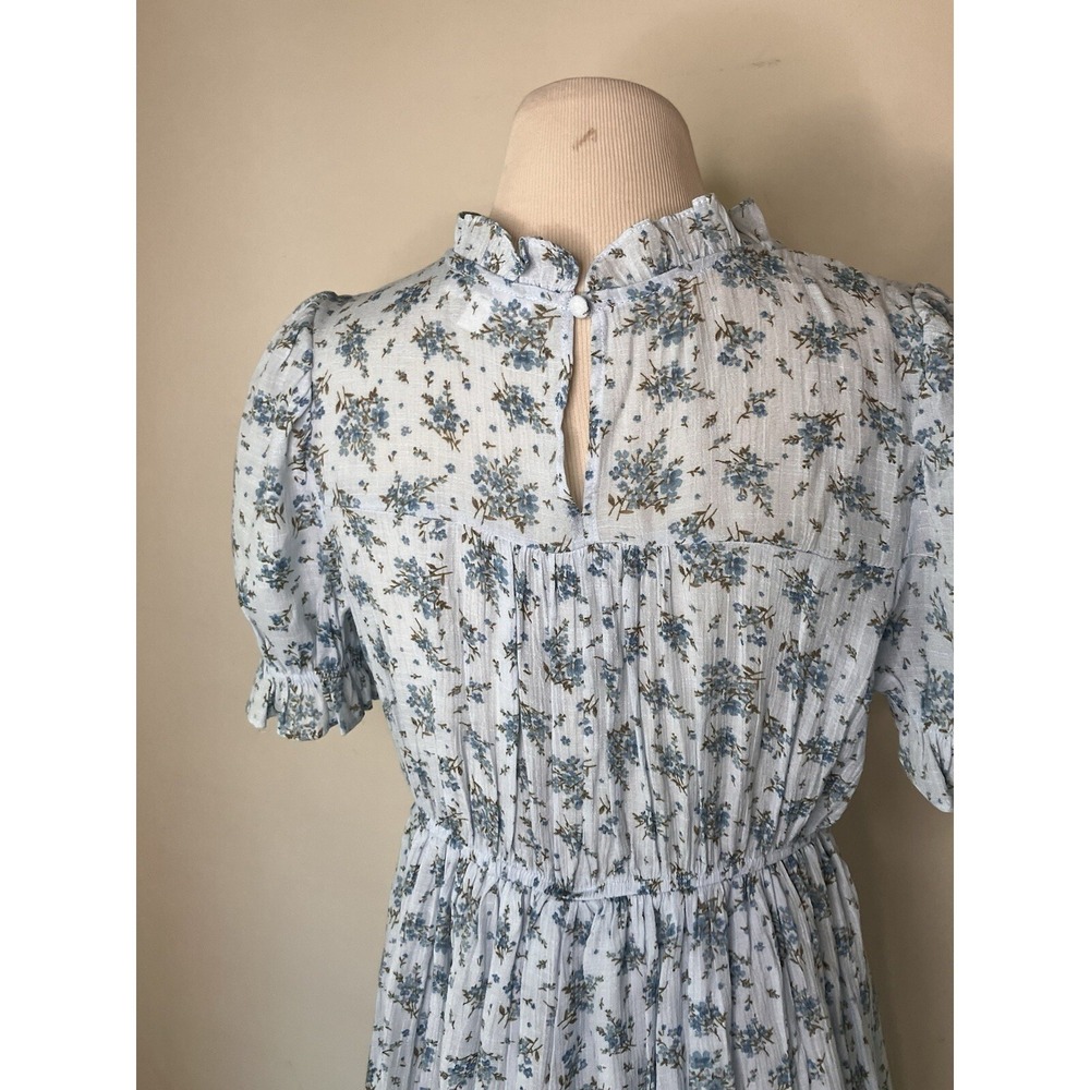 E&M Dress Blue Floral Size L lace ruffles TradWife prairie Cottagecore - Picture 3 of 9
